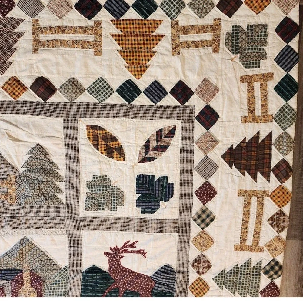 VINTAGE Handmade‎ Rustic Lodge Moose Bear Pine Tree Patchwork Cabin Quilt 80x80